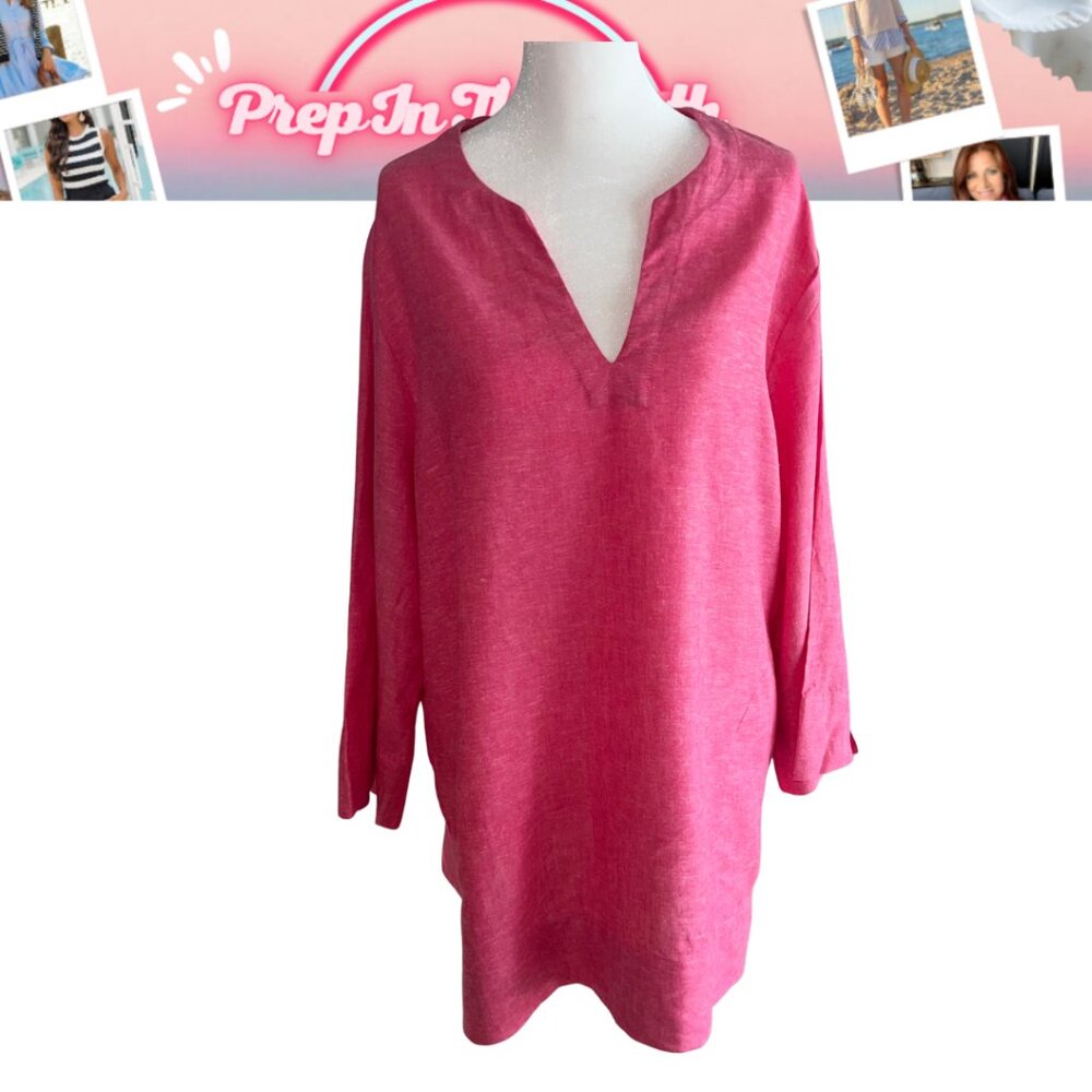 🌺 Lands’ End Pink Linen Blend Tunic Dress | Size Large | Pockets | Split Neck